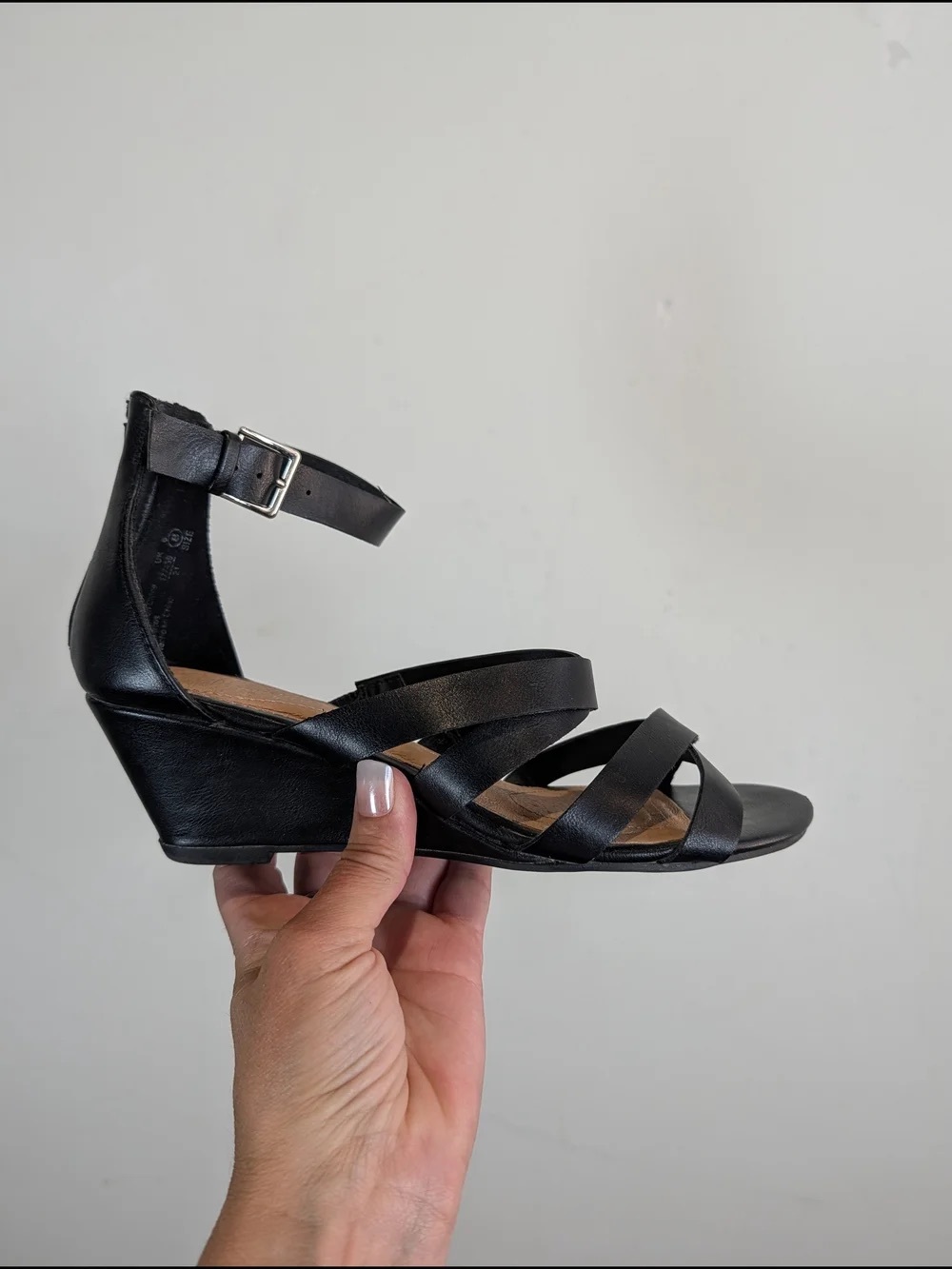 Women's Black Strappy Wedge Sandals with Ankle Buckle